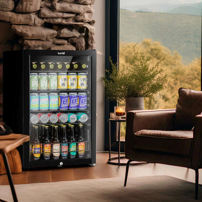 Sleek black Baridi 115L drinks fridge with LED lighting and efficient cooling system.