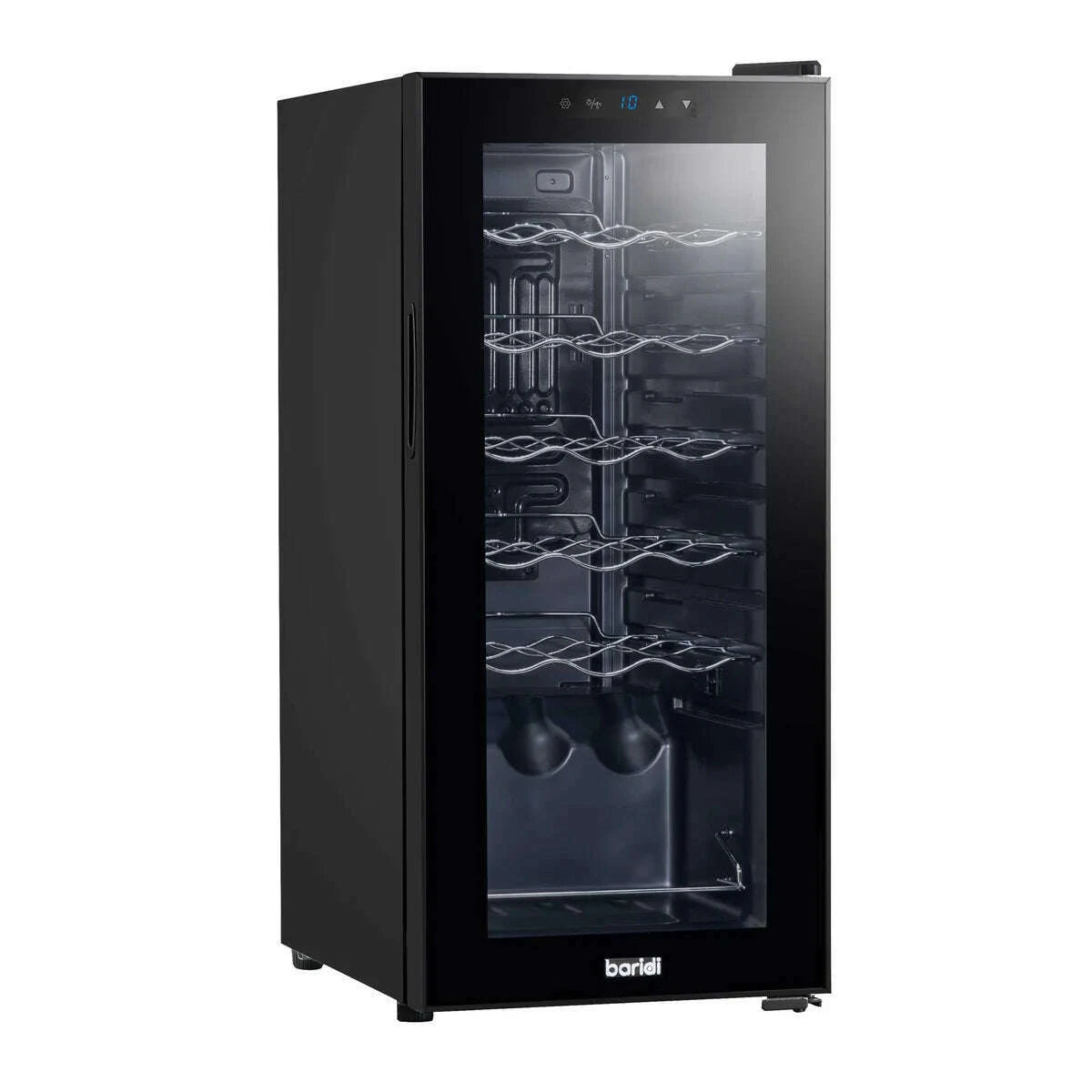 Black Baridi wine cooler with digital controls, holding up to 18 bottles behind a mirrored glass door.