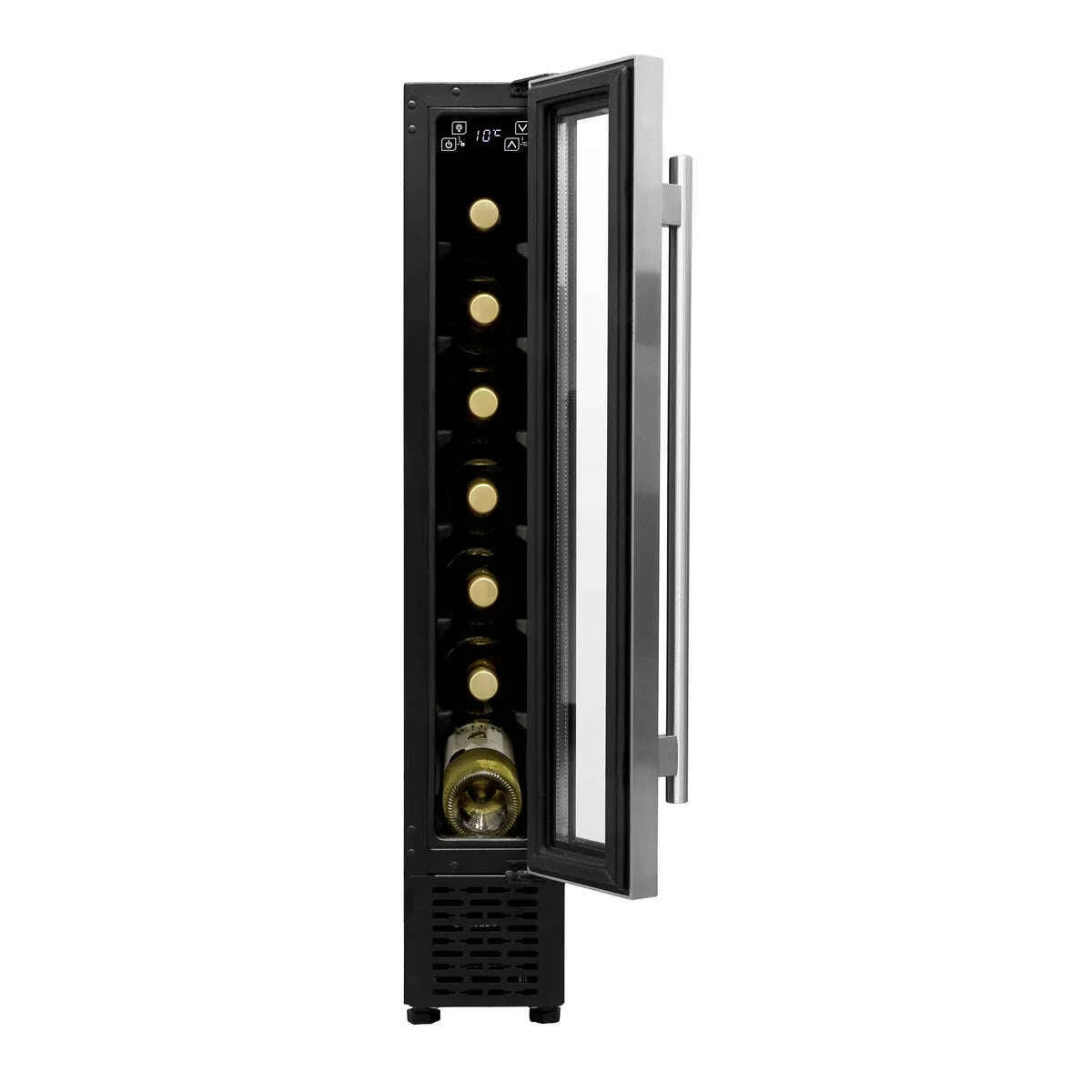 Slim stainless steel wine cooler with digital controls, fits 7 bottles, under-counter design.