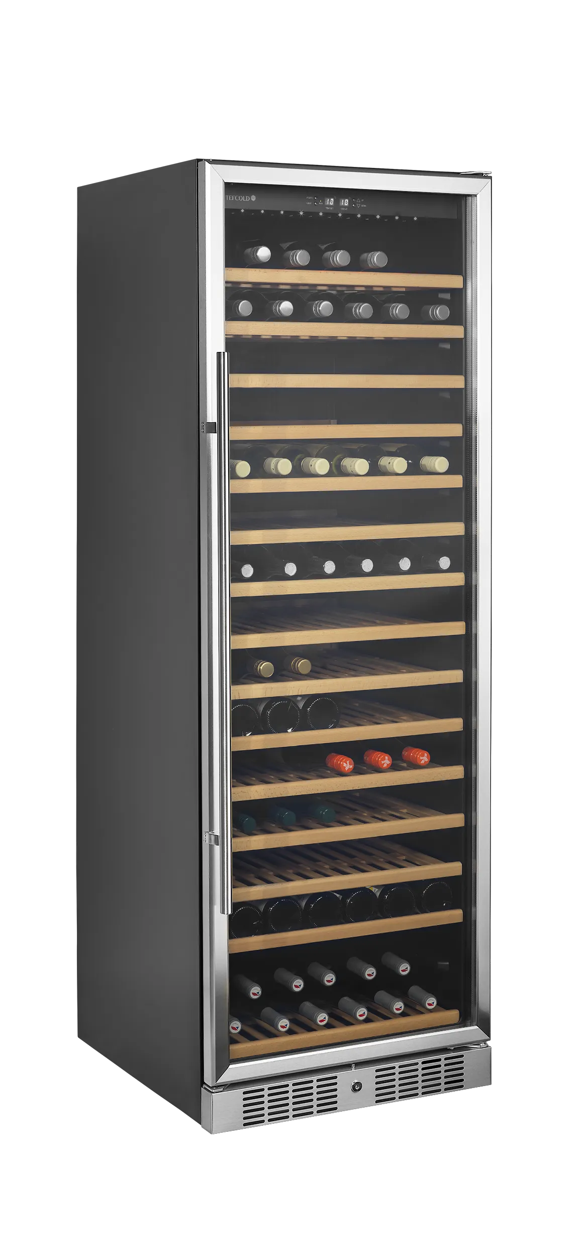 Sleek black wine fridge with glass door, 15 wooden shelves, and LED lighting.