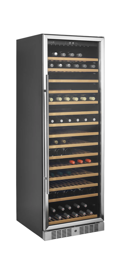 Sleek black wine fridge with glass door, 15 wooden shelves, and LED lighting.