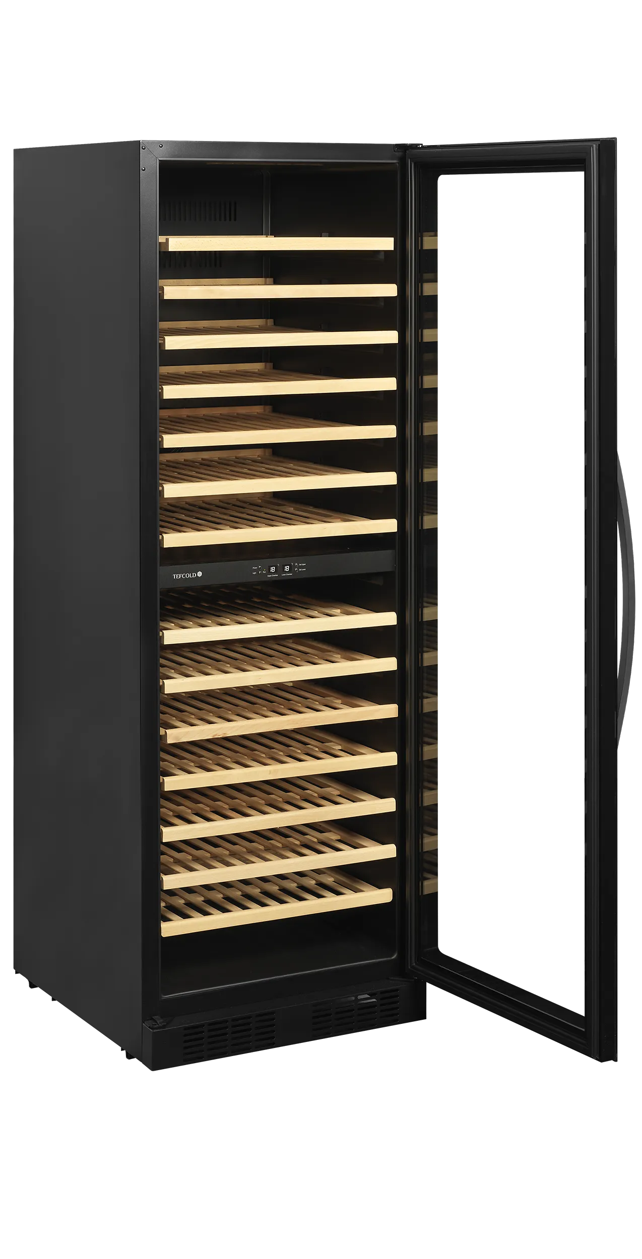 Sleek dual-zone wine cooler with glass door, wooden shelves, and LED lighting for 163 bottles.