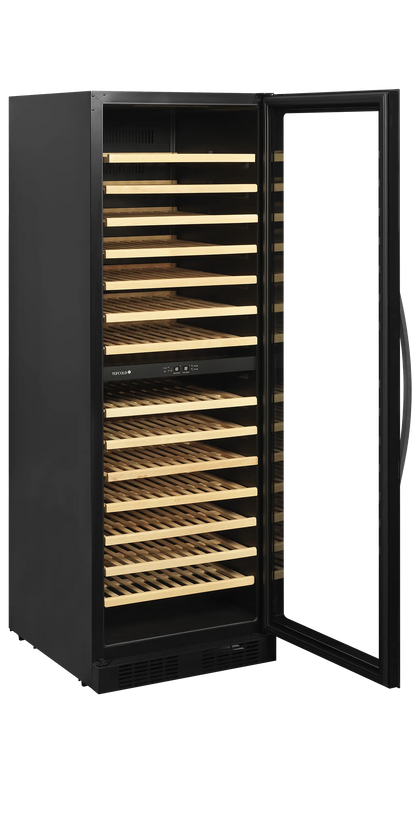 Sleek dual-zone wine cooler with glass door, wooden shelves, and LED lighting for 163 bottles.
