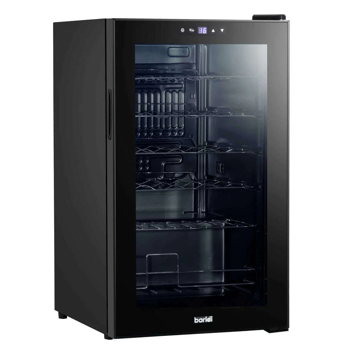 Black Baridi 24 Bottle Wine Cooler with digital touch controls and LED light, compact design.