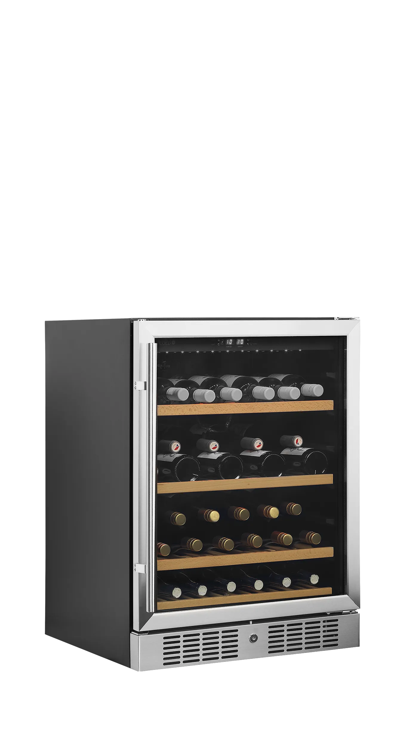 Black Tefcold 48-bottle wine cooler with glass door, LED lighting, and wooden shelves.