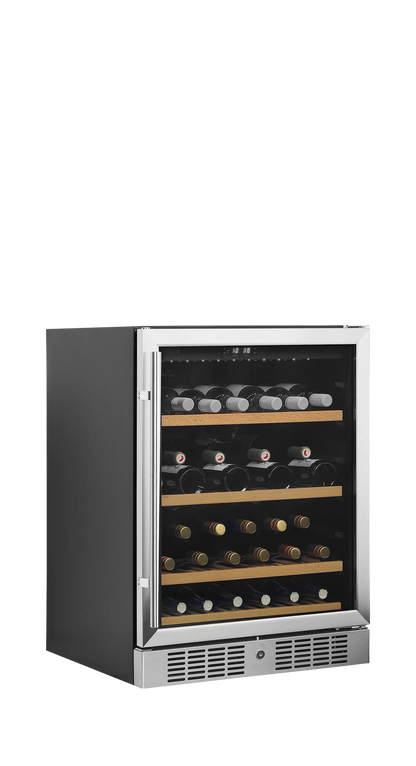 Black Tefcold 48-bottle wine cooler with glass door, LED lighting, and wooden shelves.
