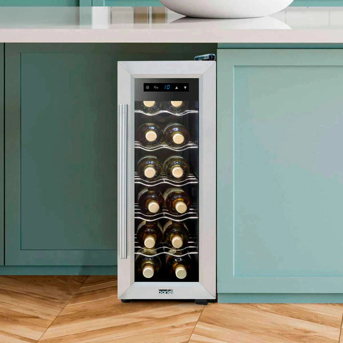 Sleek Baridi wine cooler, stainless steel, 12-bottle capacity, digital controls, LED light.