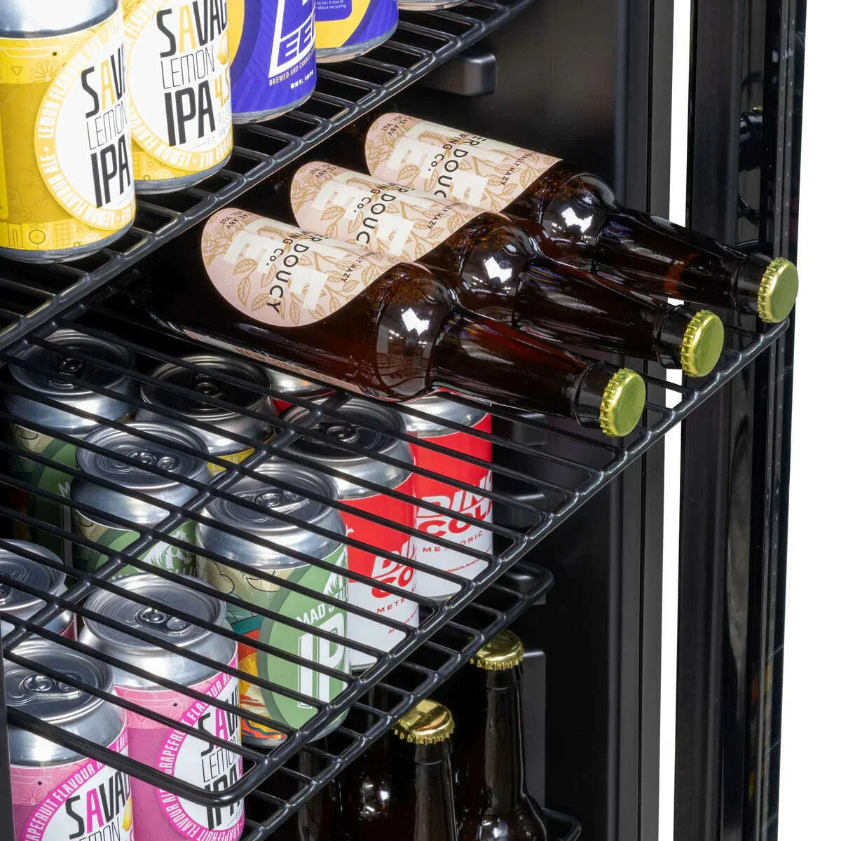 Sleek black Baridi 115L drinks fridge with LED light and wire shelves for efficient beverage cooling.