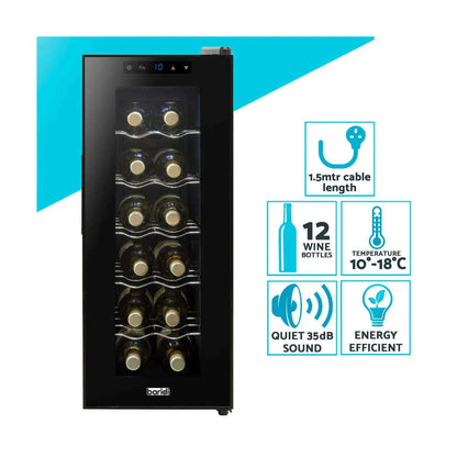 Black Baridi 12-bottle wine fridge with mirror glass door, touch controls, and removable shelves.