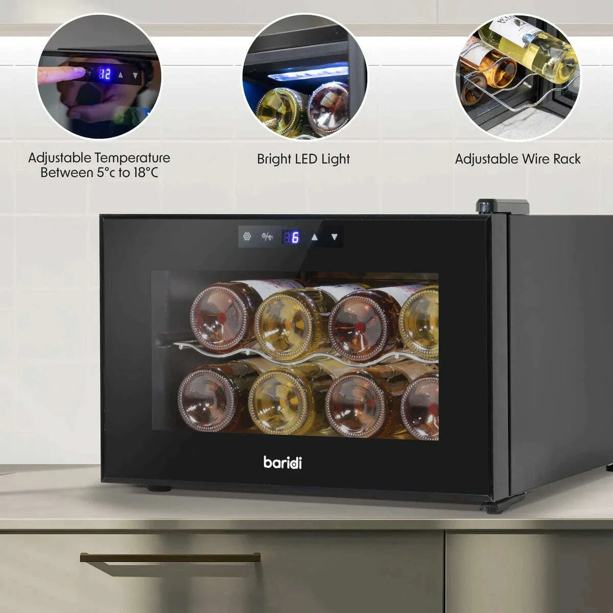 Baridi 8-Bottle Wine Cooler with digital touch control and sleek, compact design.