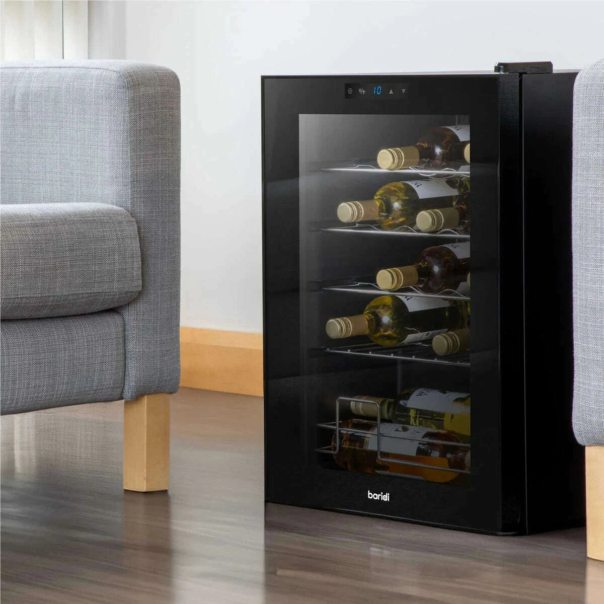 Baridi 20 Bottle Wine Cooler, sleek freestanding design, digital display, holds 20 bottles.