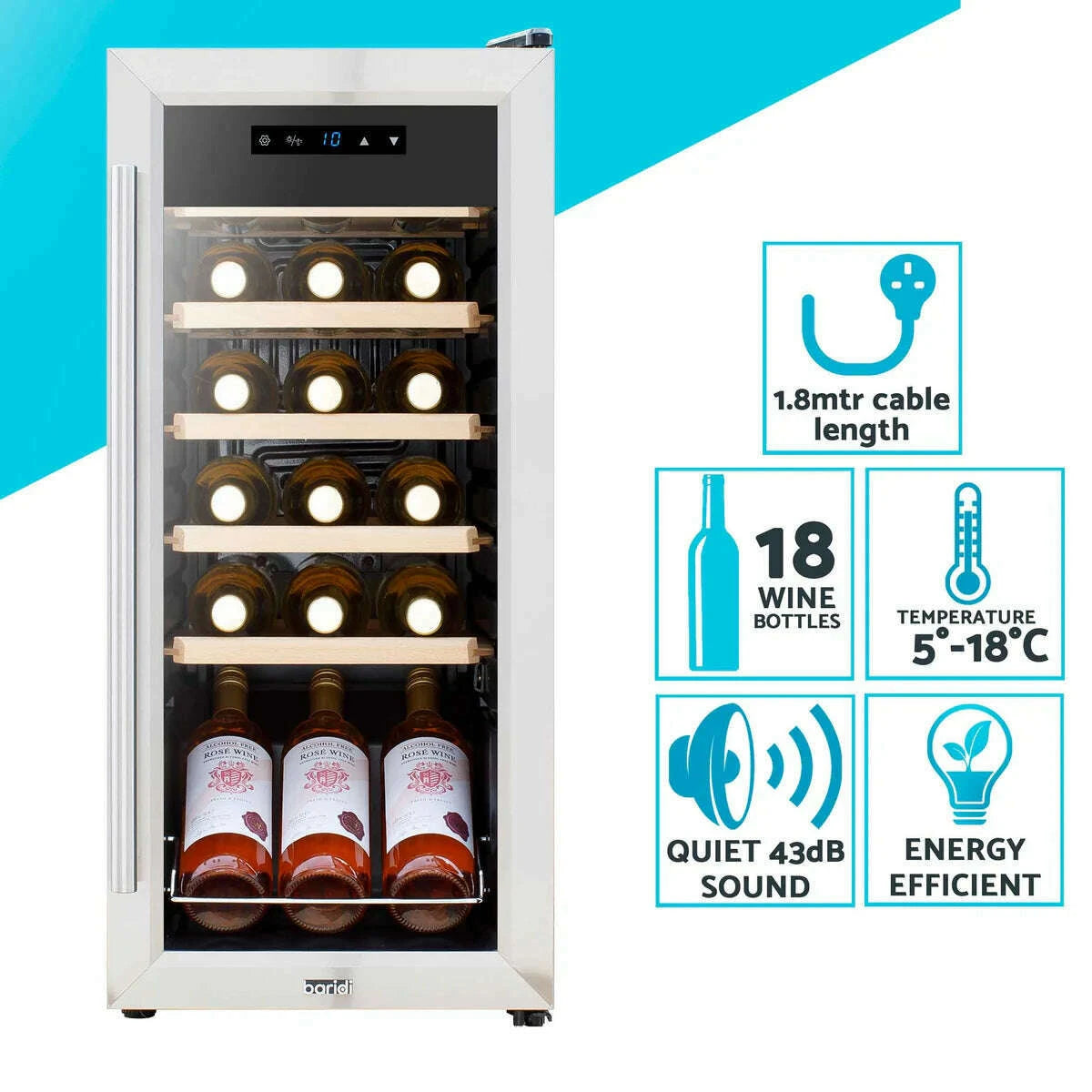 Sleek stainless steel wine cooler with touch controls, LED light, and space for 18 bottles.