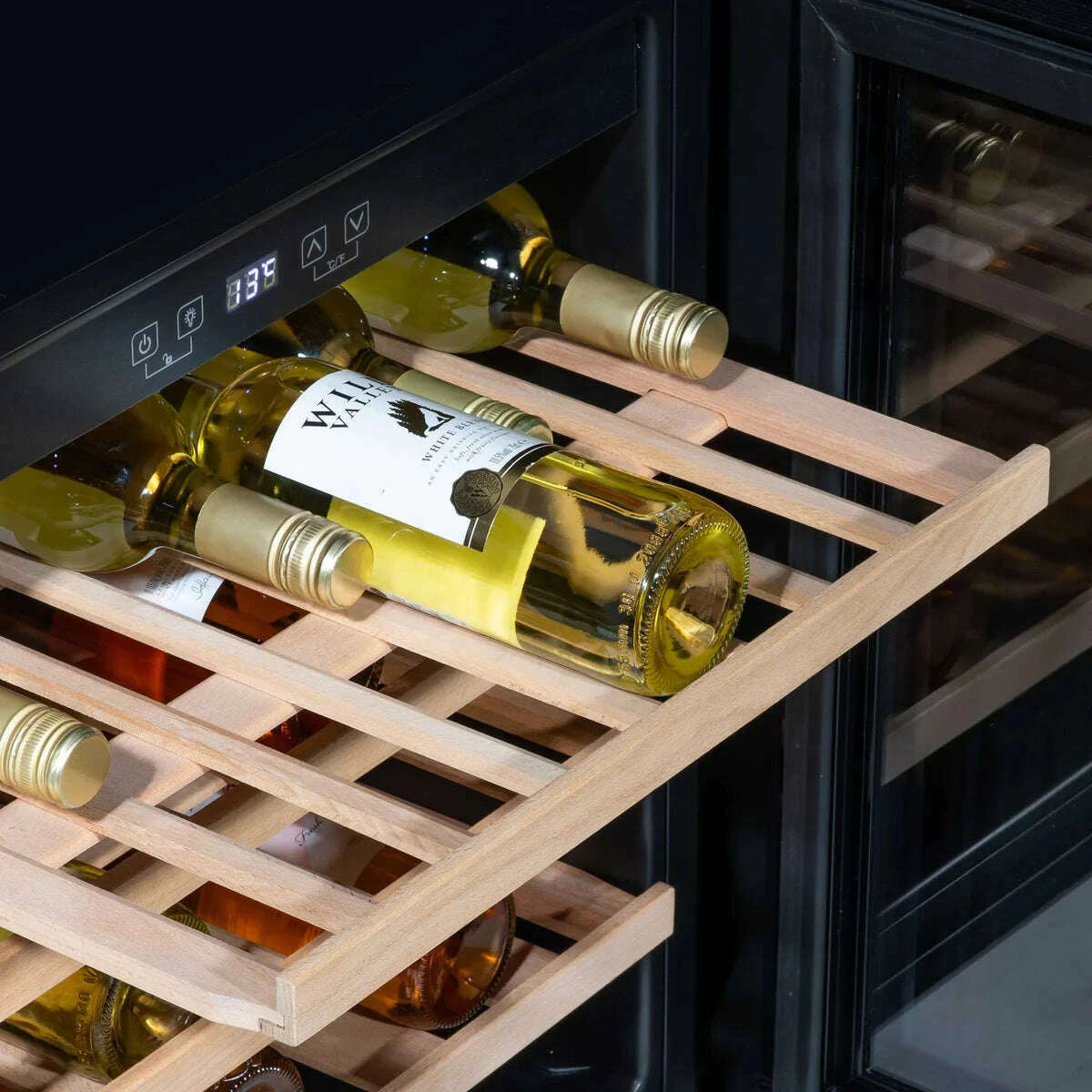Sleek black 60cm wine cooler with beech wood shelves, holds 36 bottles, touch controls visible.
