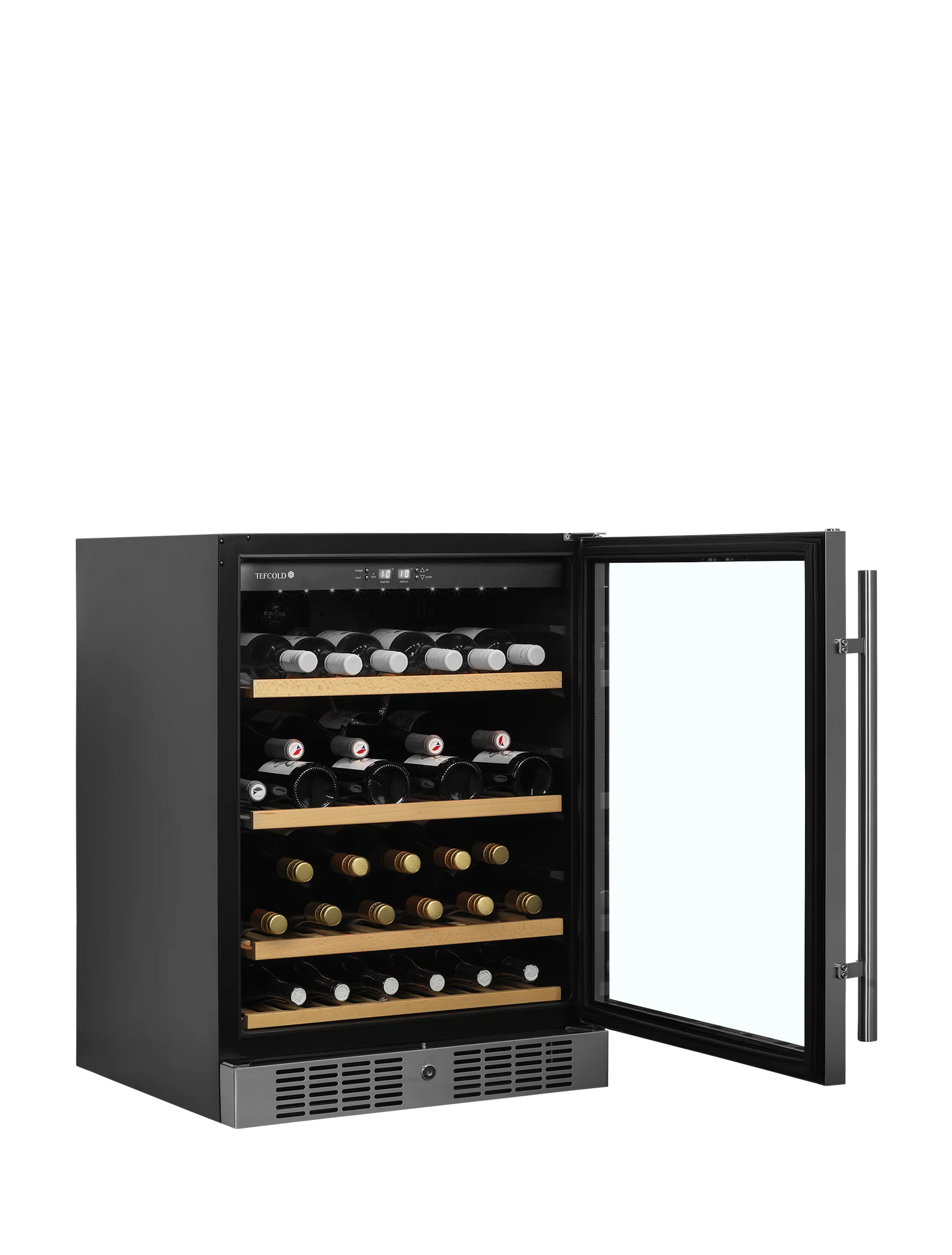 Sleek black wine cooler with glass door, LED lighting, and wooden shelves for 48 bottles.