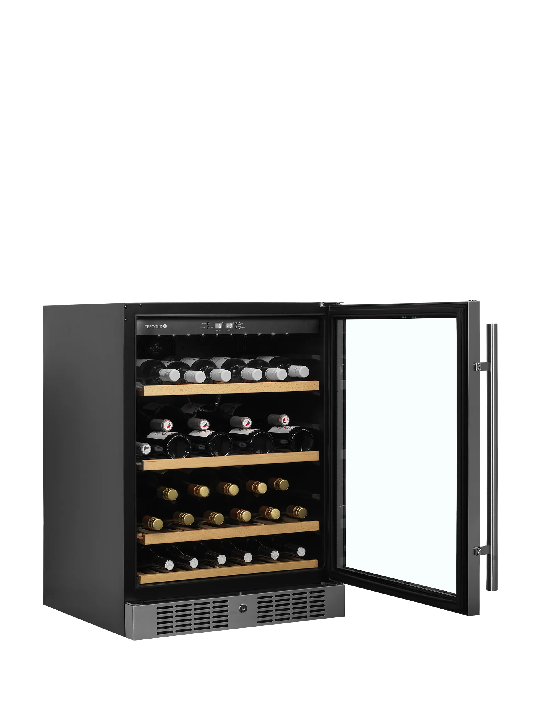 Sleek black wine cooler with glass door, LED lighting, and wooden shelves for 48 bottles.