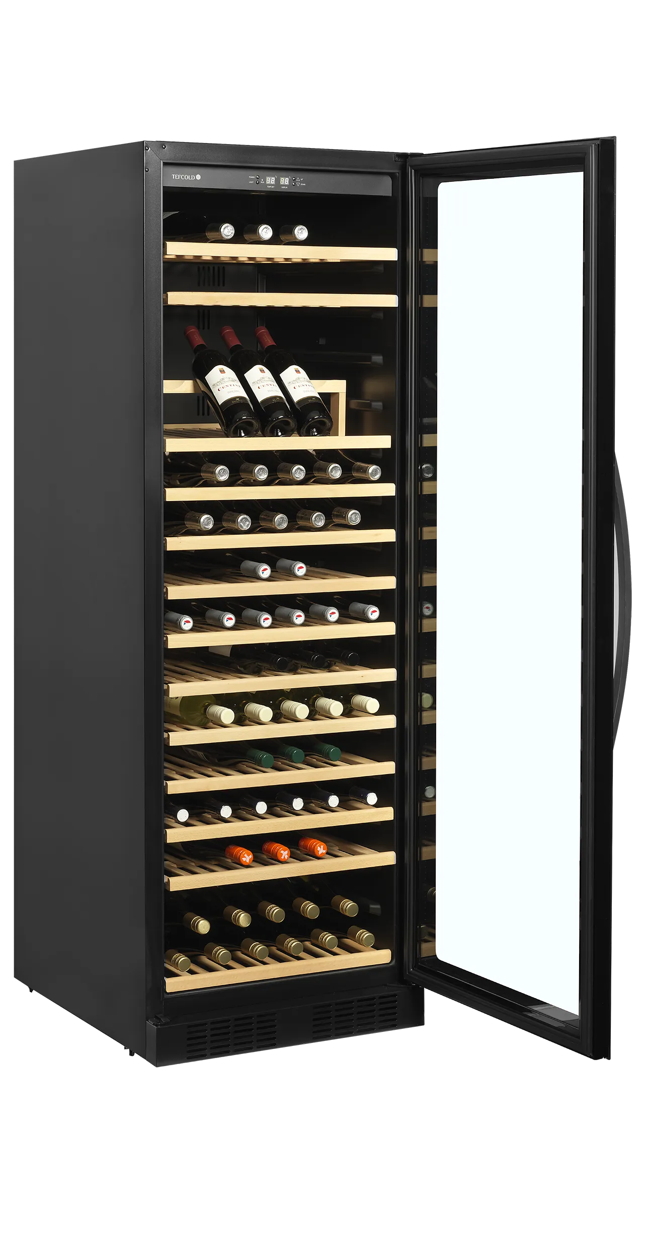 Tefcold 165-bottle wine cooler with glass door, wooden shelves, and LED lighting.