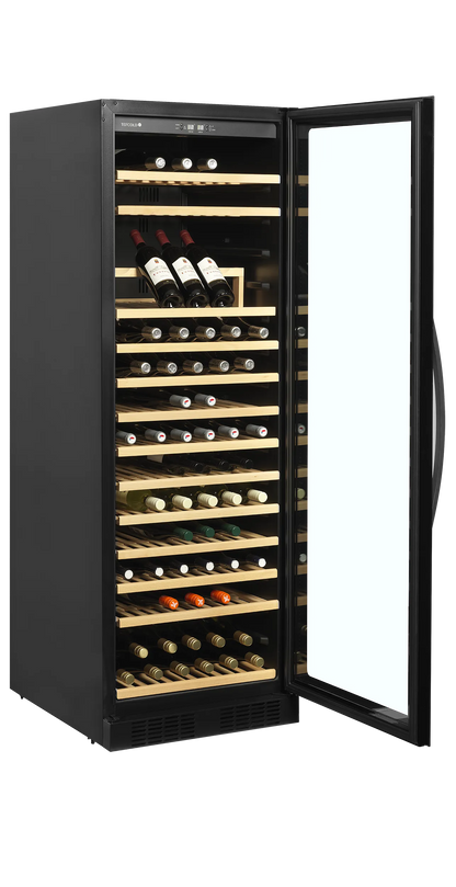 Tefcold 165-bottle wine cooler with glass door, wooden shelves, and LED lighting.