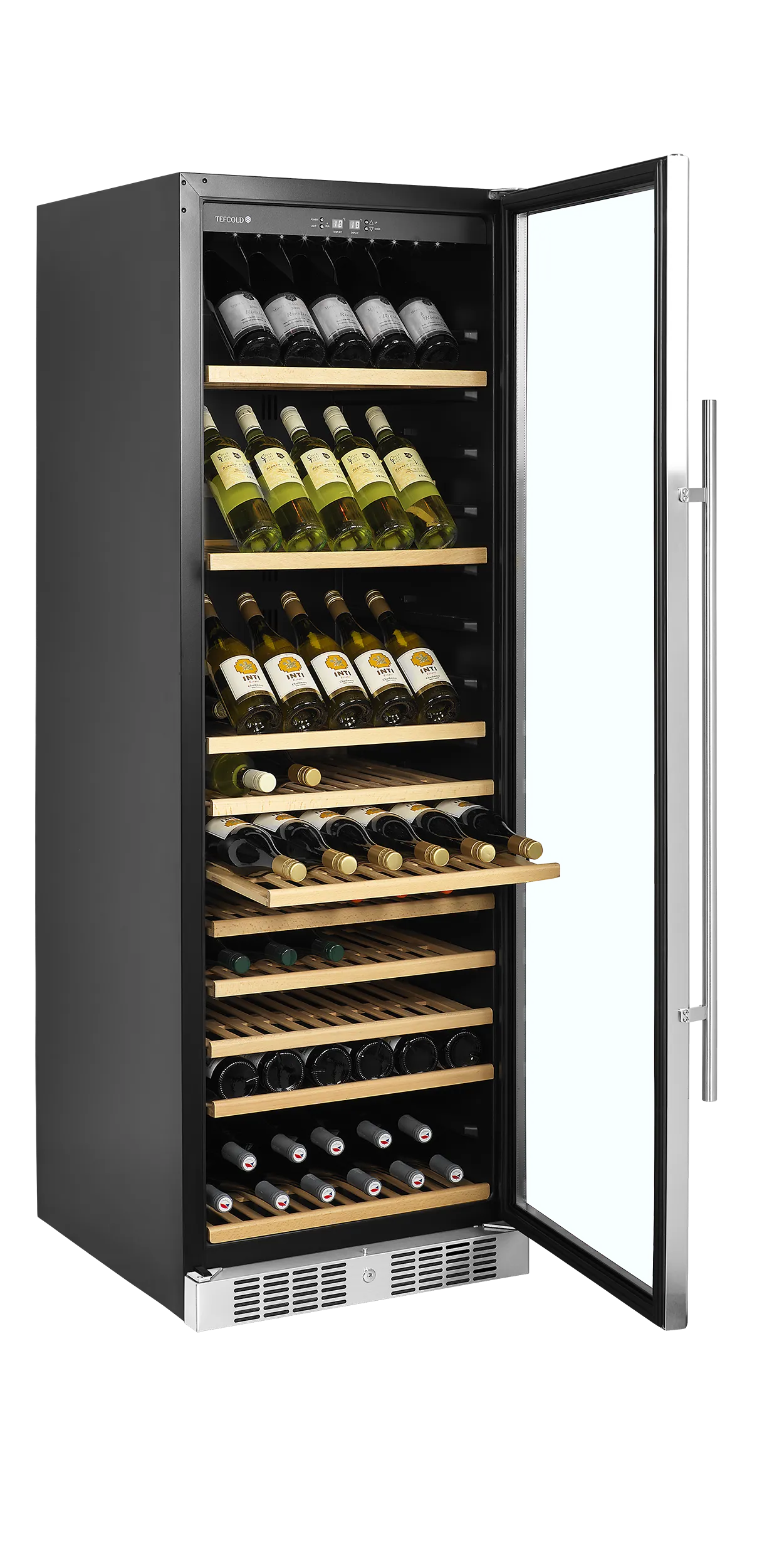 Sleek black wine fridge with glass door and wooden shelves, holding up to 165 bottles.