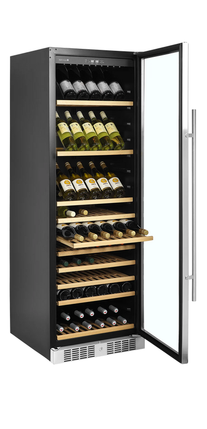 Sleek black wine fridge with glass door and wooden shelves, holding up to 165 bottles.
