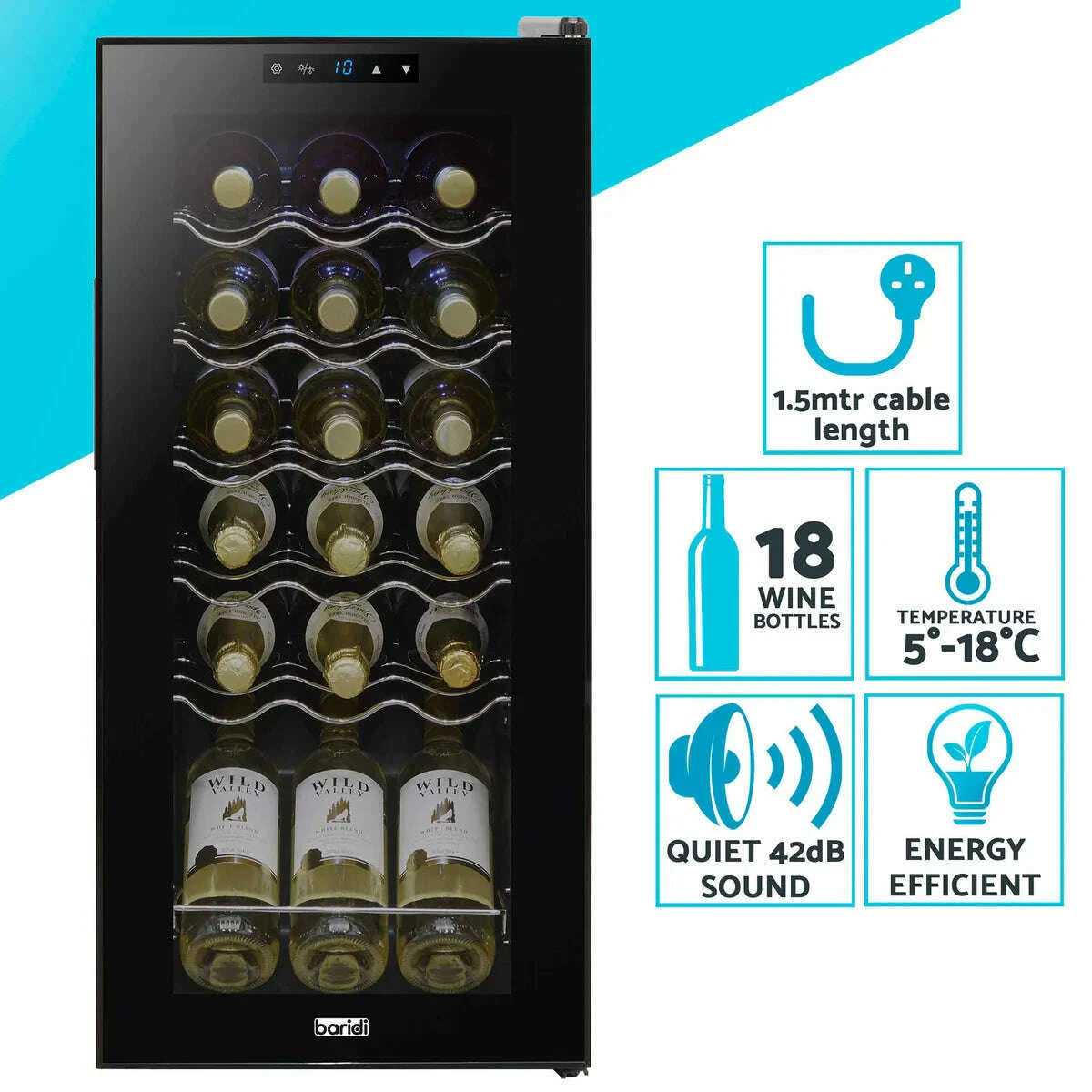 Black Baridi wine cooler with glass door, touch controls, and space for 18 bottles.