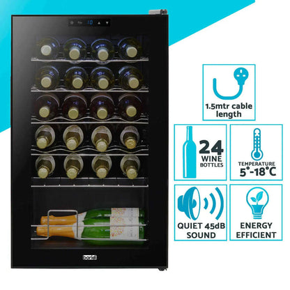 Black Baridi 24 Bottle Wine Cooler with touch controls, LED light, and mirrored glass door.