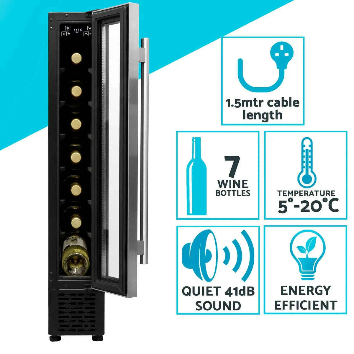 Sleek stainless steel 7-bottle wine cooler with digital touch controls, compact 15cm width.
