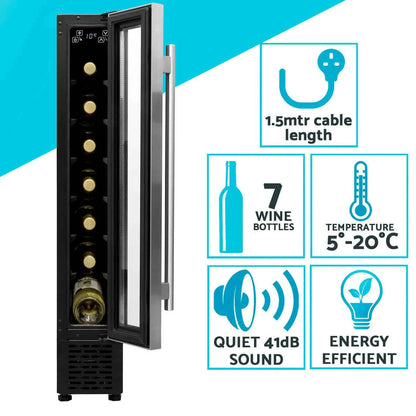Sleek stainless steel 7-bottle wine cooler with digital touch controls, compact 15cm width.