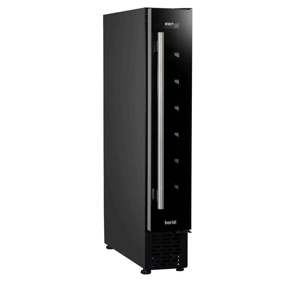 Black 15cm slim wine cooler with digital controls, fits 7 bottles; perfect for modern kitchens.