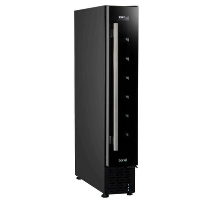 Black 15cm slim wine cooler with digital controls, fits 7 bottles; perfect for modern kitchens.
