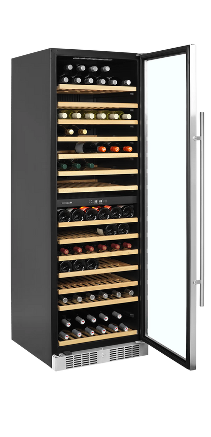 Tefcold dual-zone wine cabinet, black finish, glass door, holds 163 bottles, LED lit shelves.