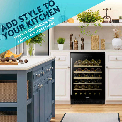 A sleek wine cooler with a digital touch control, holding up to 54 bottles, under-counter design.