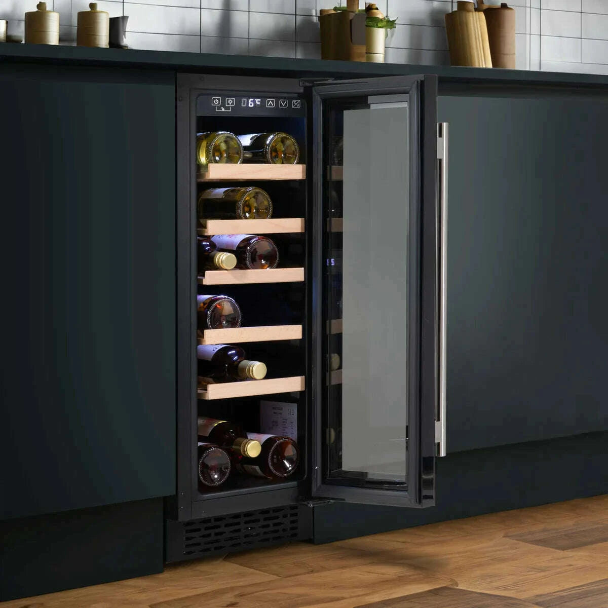 Sleek 30cm Baridi wine cooler with digital controls, holds 20 bottles, fits under counters.