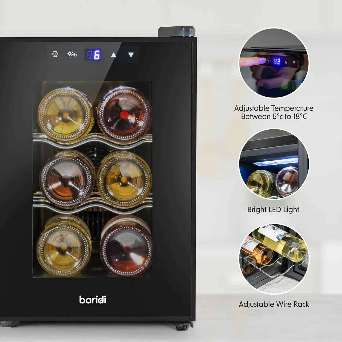Sleek Baridi wine cooler with glass door, 6-bottle capacity, touch controls, and digital display.