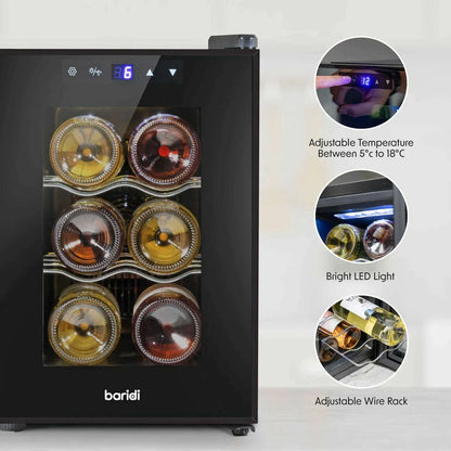Sleek Baridi wine cooler with glass door, 6-bottle capacity, touch controls, and digital display.