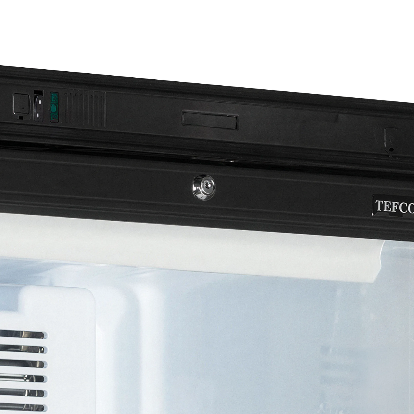 Sleek black wine fridge with glass door, showcasing 78 bottles in a sophisticated display.