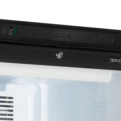 Sleek black wine fridge with glass door, showcasing 78 bottles in a sophisticated display.