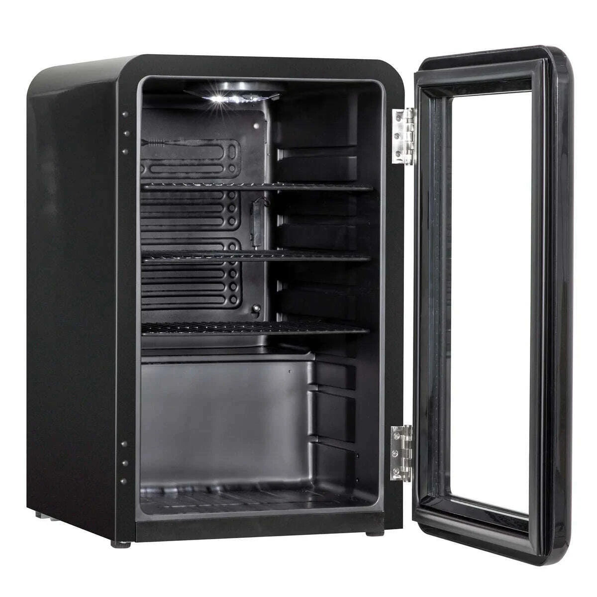 Retro-style 70L fridge with vintage design, energy-efficient cooling, and adjustable shelving.