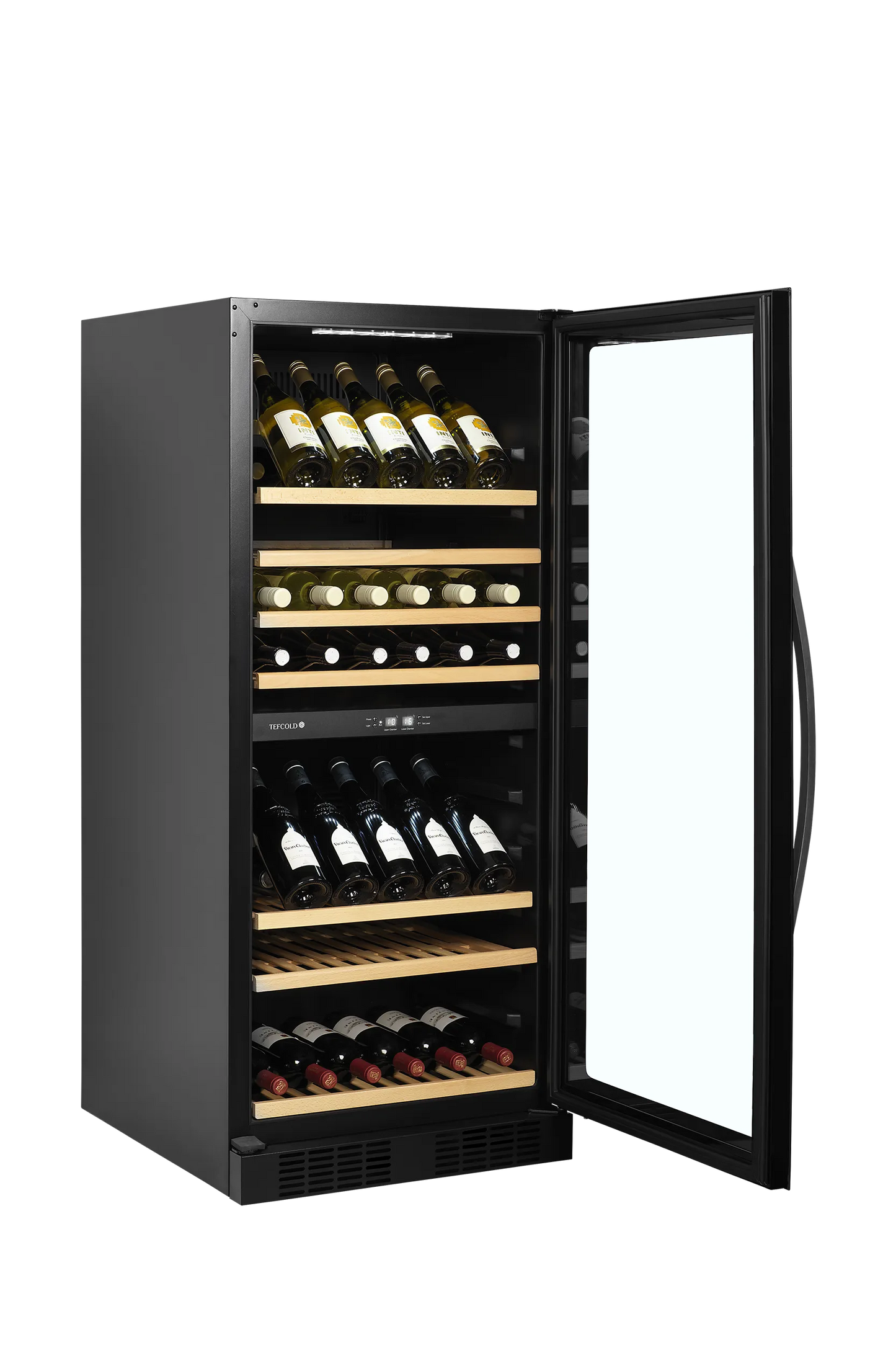 Tefcold dual-zone wine cooler with glass door, wooden shelves, and LED lighting, holds 119 bottles.