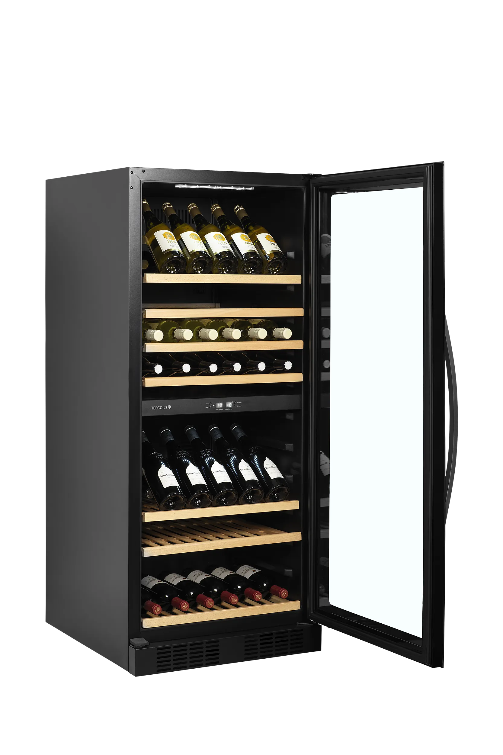 Tefcold dual-zone wine cooler with glass door, wooden shelves, and LED lighting, holds 119 bottles.