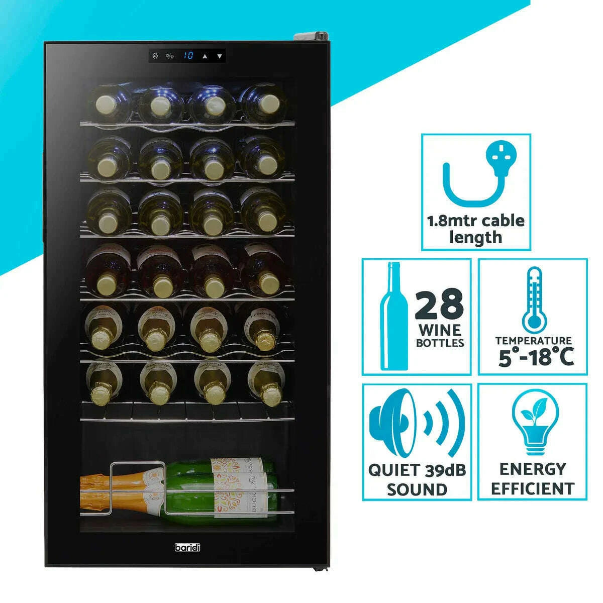 Black Baridi 28 Bottle Wine Cooler with digital controls, LED light, and mirrored glass door.