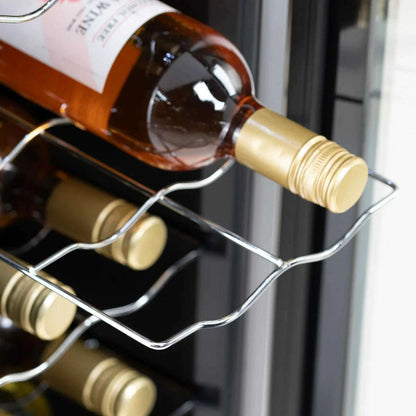 Stainless steel wine cooler with digital controls and LED light, holds 12 bottles.