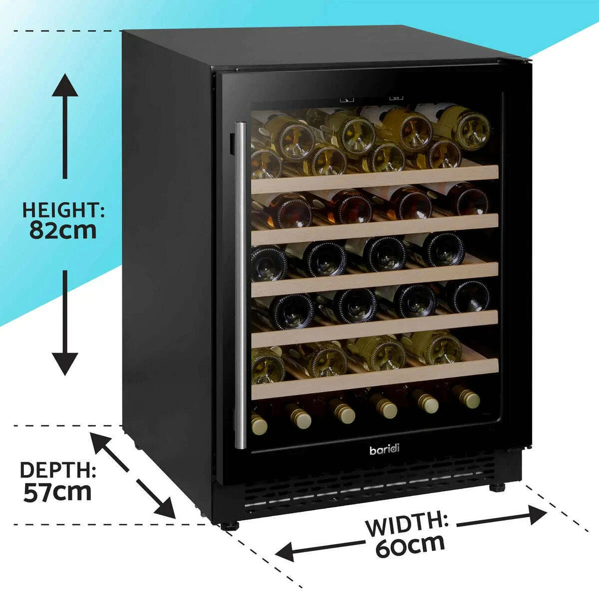 Sleek Baridi wine cooler with digital controls, glass door, and space for 54 bottles.
