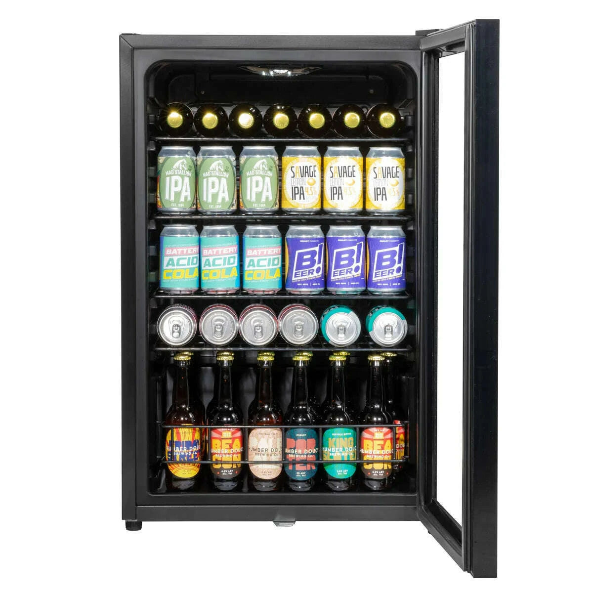 Sleek black 115L drinks fridge with LED light, spacious interior, and efficient cooling system.