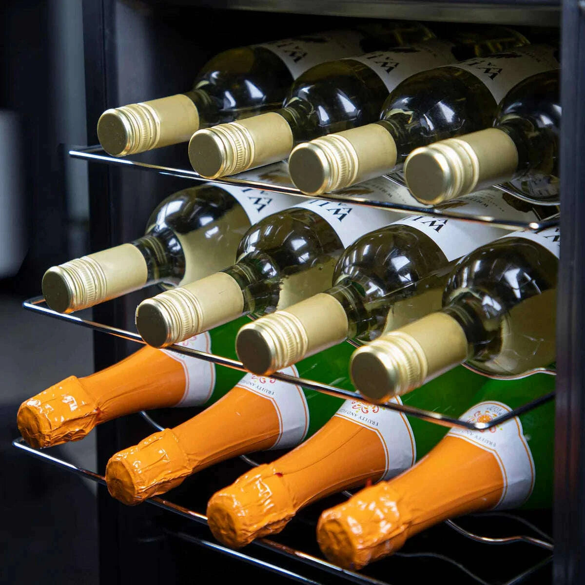 Sleek black wine cooler with digital controls, holds 28 bottles, LED-lit interior, glass door.