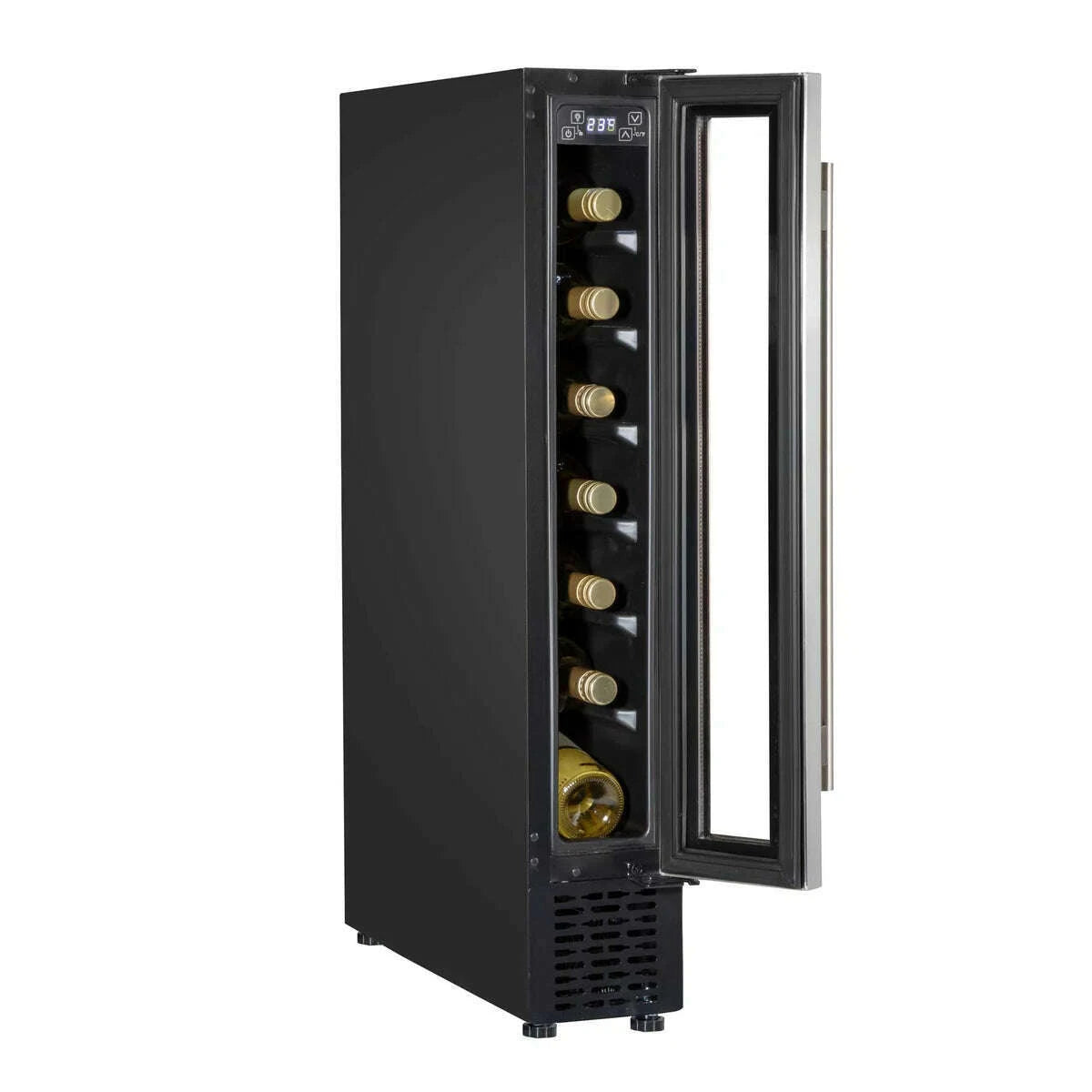 Slim stainless steel wine cooler with digital controls, fits 7 bottles, stylish and compact design.