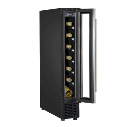 Slim stainless steel wine cooler with digital controls, fits 7 bottles, stylish and compact design.