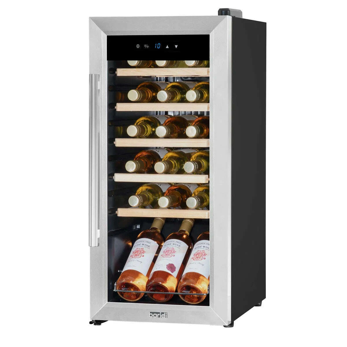 A sleek stainless steel wine cooler with touch controls and LED light, holding up to 18 bottles.