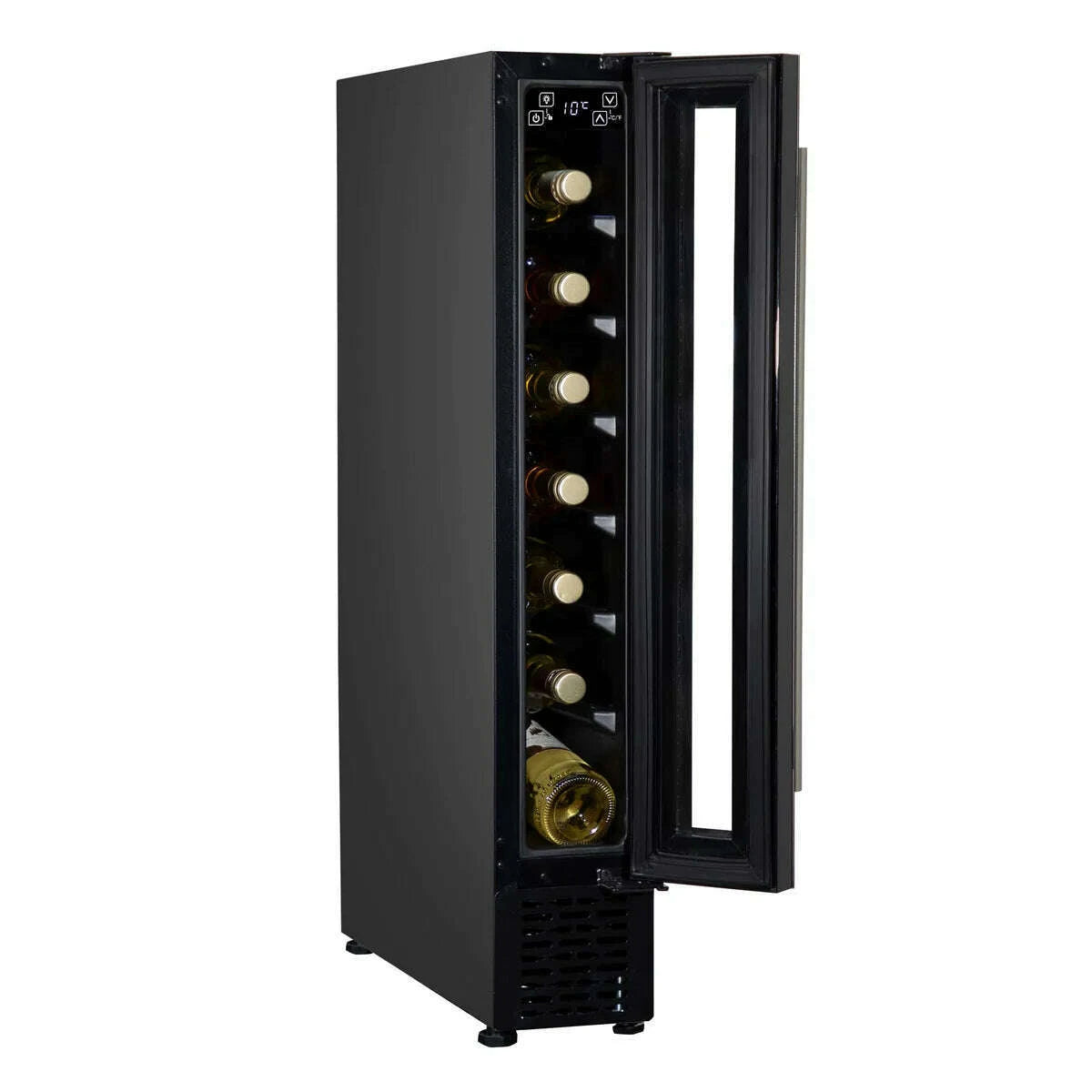 Slim black wine cooler with digital controls, fitting 7 bottles, under-counter design, LED light.