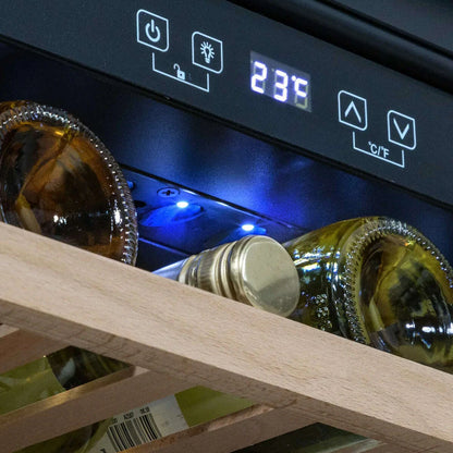 Sleek black 60cm wine cooler with beech wood shelves, holding up to 28 bottles, LED lit interior.