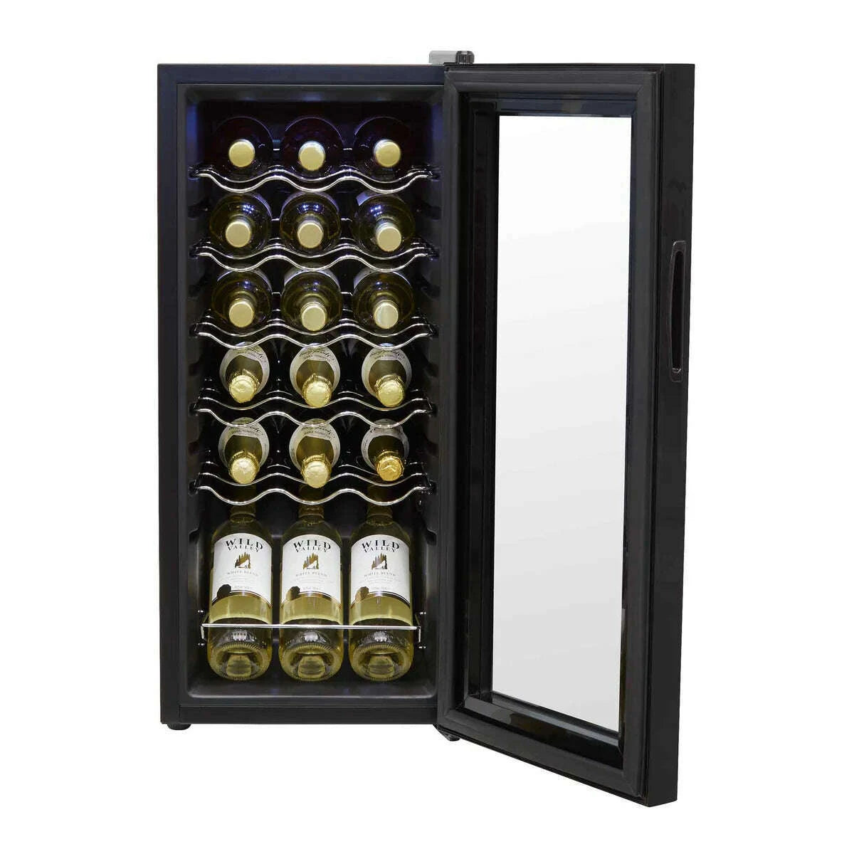 Black Baridi 18-bottle wine cooler with touch controls, LED light, and tempered glass door.